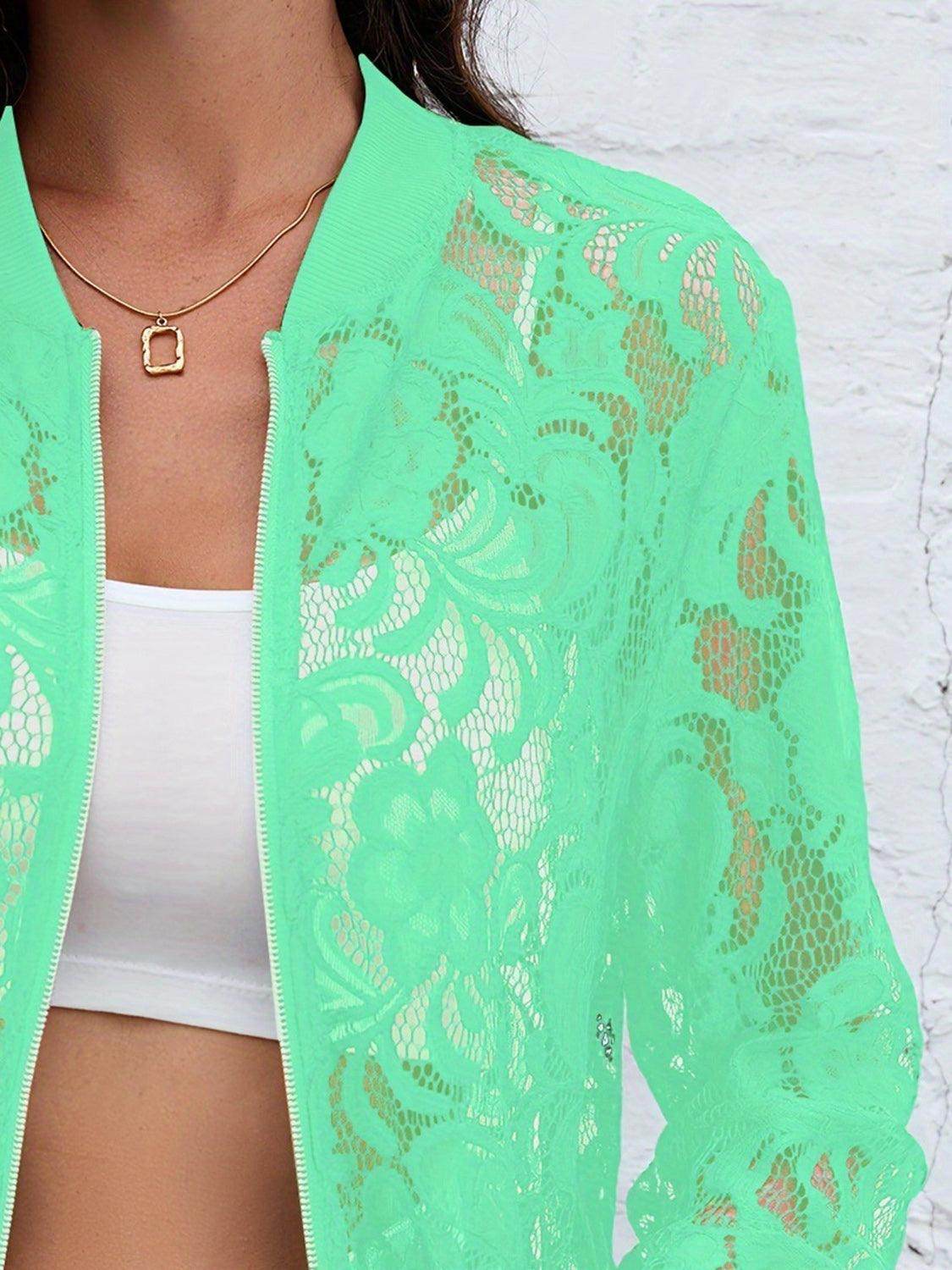 Sheer Lace Zip Up Long Sleeve Jacket for Women Fashion - Selvanelle