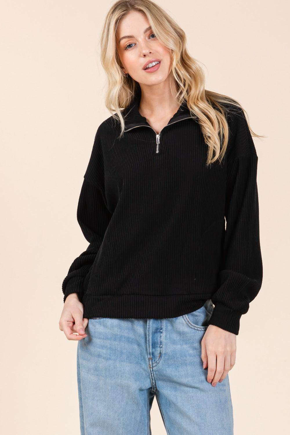 BOMBOM Quarter Zip Long Sleeve Sweatshirt with Pockets - Selvanelle
