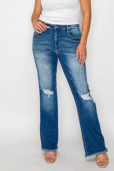 Bytos Full Size Raw Hem Distressed High Rise Bootcut Jeans - Selvanelle