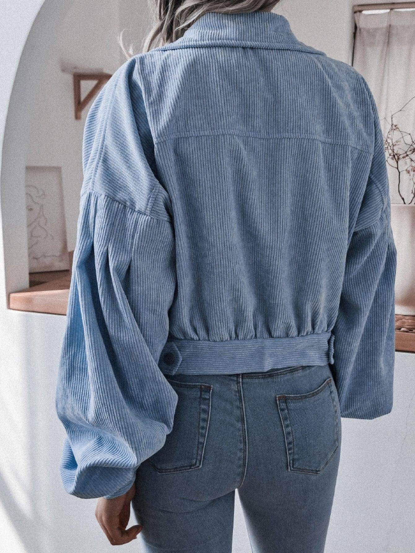 Lantern Sleeve Cropped Corduroy Jacket for Stylish Comfort - Selvanelle