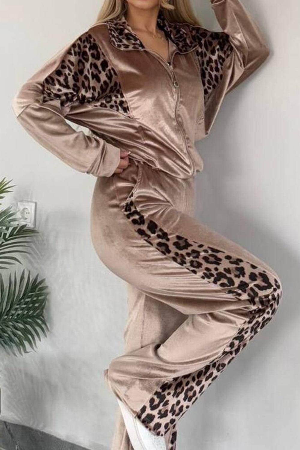 Full Size Collared Neck Leopard Zip Up Top and Pants Set Plus Size - Selvanelle