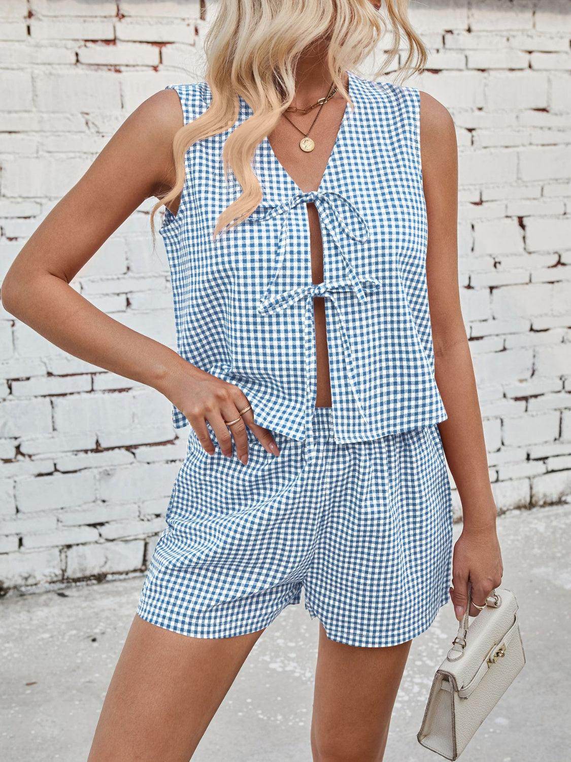 Lovelet Tied Plaid V-Neck Vest and Shorts Set for Women - Selvanelle