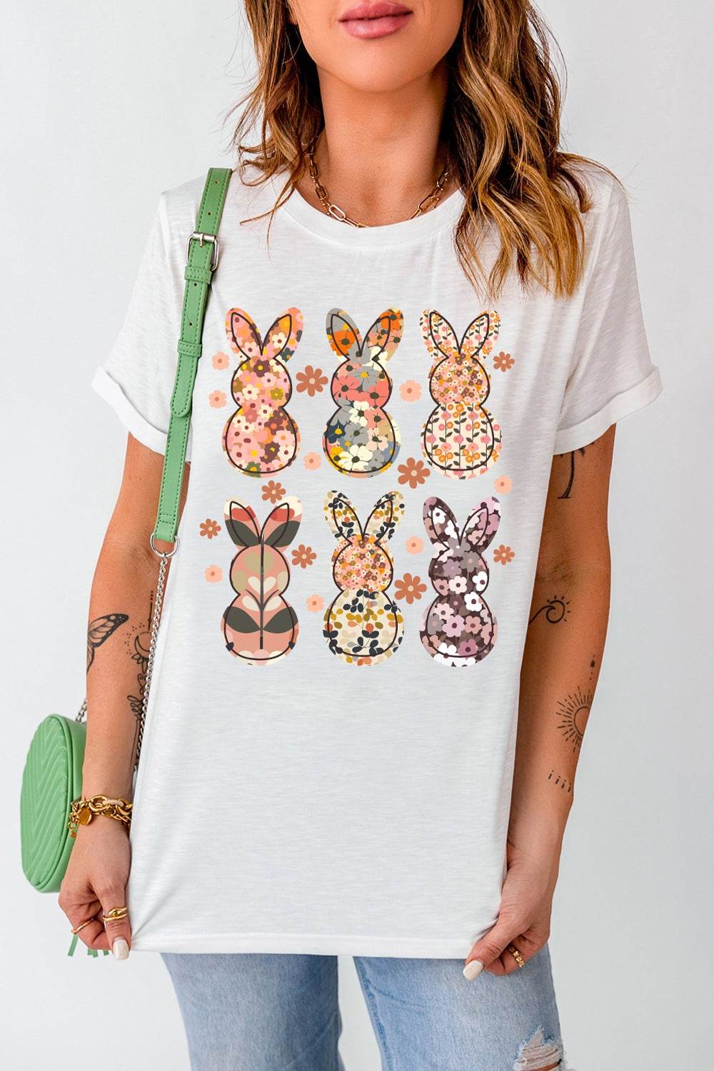 Floral Bunny Graphic Crewneck Short Sleeve T-Shirt - Selvanelle