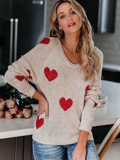 Heart Scoop Neck Long Sleeve Sweater for Women Cozy Style - Selvanelle