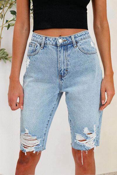 Distressed Pocketed Denim Shorts for Women - Stylish Fit - Selvanelle