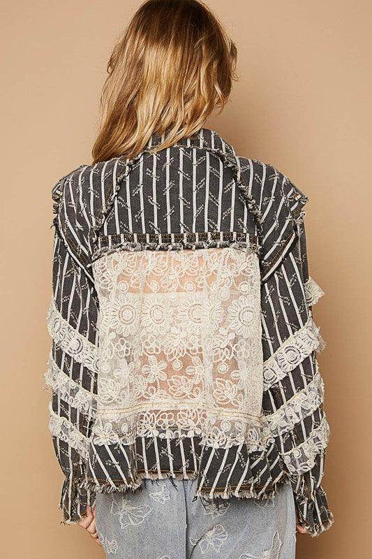 POL Raw Hem Lace Patch Flounce Sleeve Jacket for Women - Selvanelle