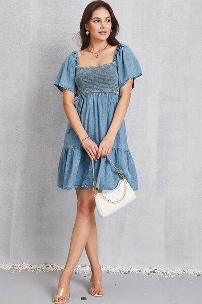 Smocked Square Neck Mini Denim Dress for Women Stylish - Selvanelle