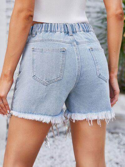 Distressed Pearl Trim Denim Shorts with Pockets for Women - Selvanelle