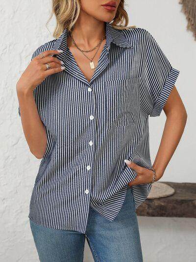 Mandy Pocketed Striped Collared Neck Short Sleeve Shirt - Selvanelle