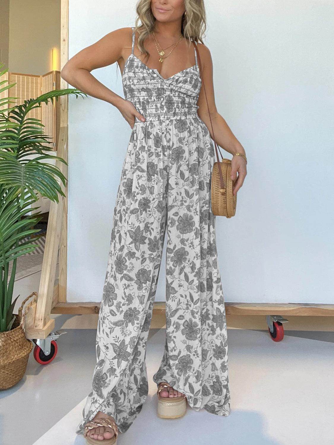 Full Size Printed Spaghetti Strap Wide Leg Jumpsuit for Women - Selvanelle