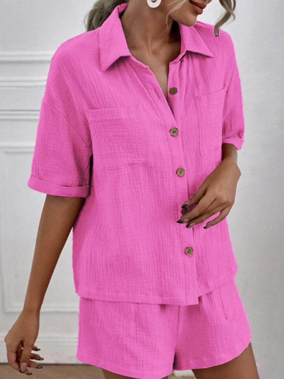 Button Up Short Sleeve Top and Shorts Set for Women - Selvanelle