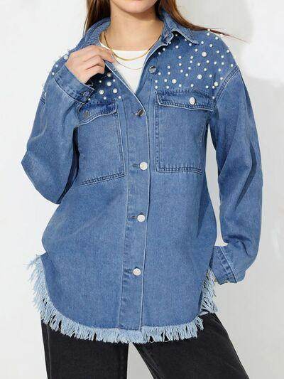 Raw Hem Pearl Trim Collared Neck Denim Top for Women - Selvanelle