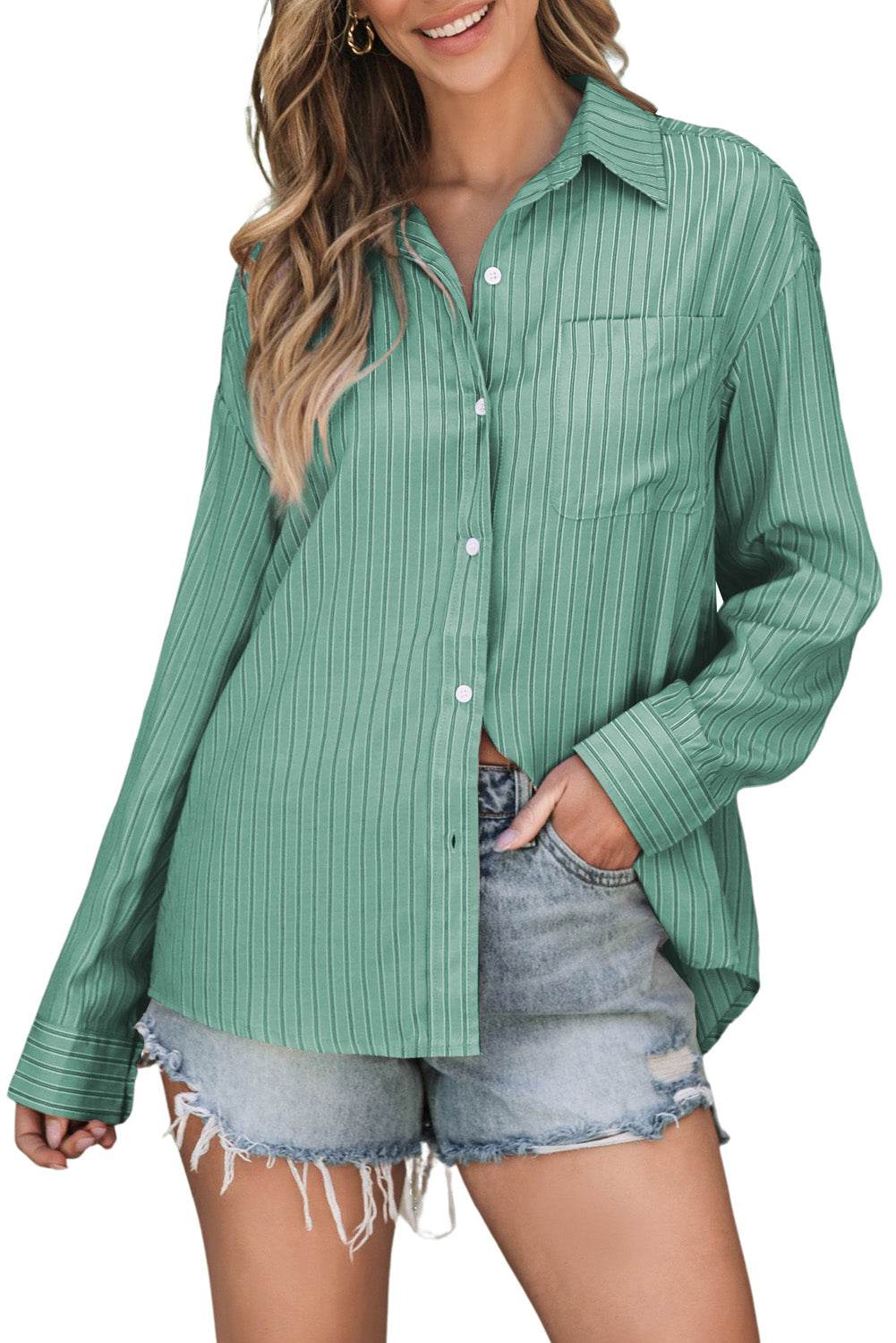Striped Button Up Long Sleeve Shirt - Selvanelle