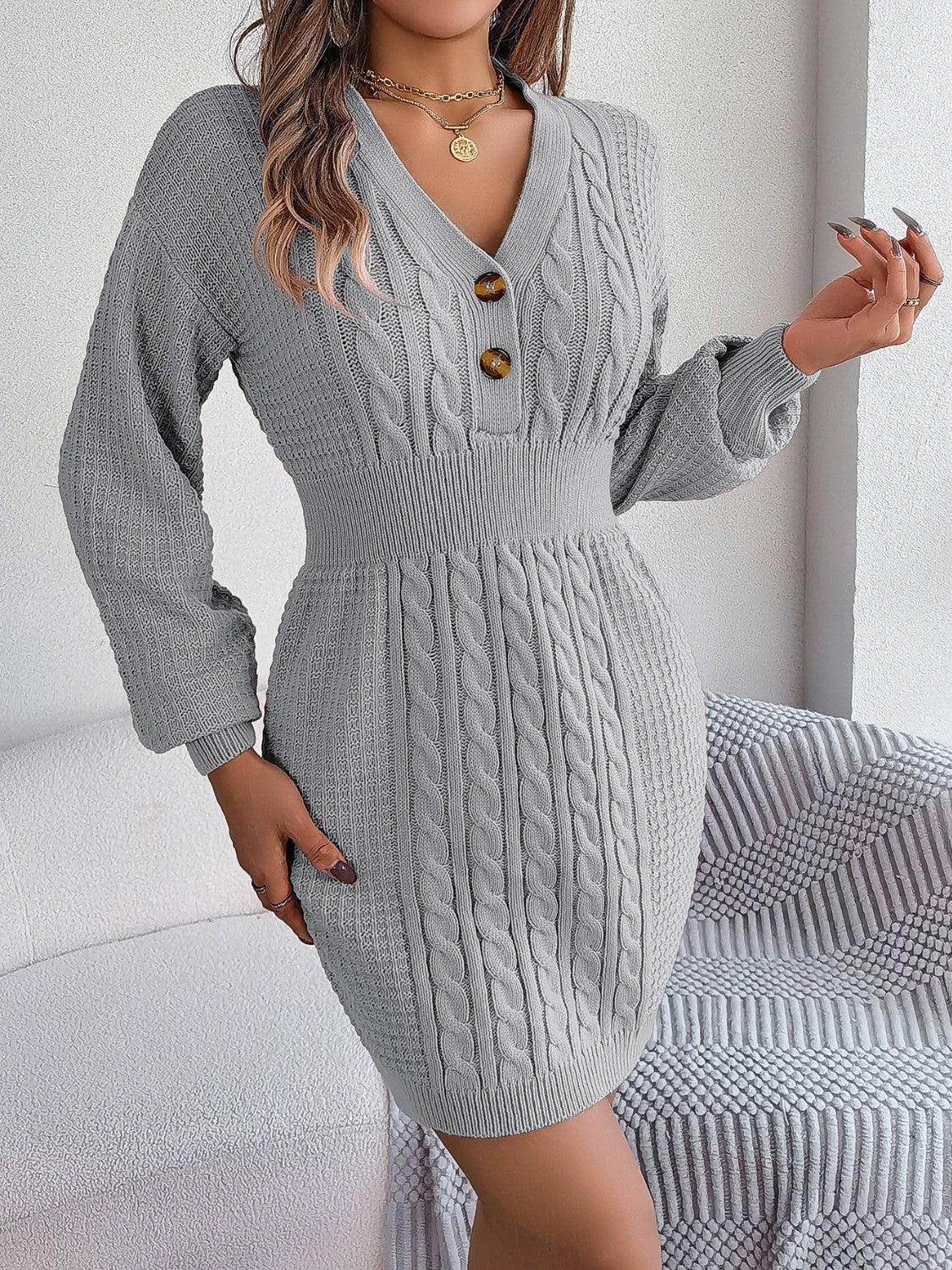 Buttoned Cable-Knit V-Neck Sweater Dress for Women - Selvanelle