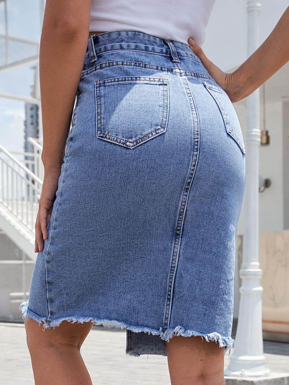 Raw Hem Slit Denim Skirt for Trendy Casual Wear - Selvanelle