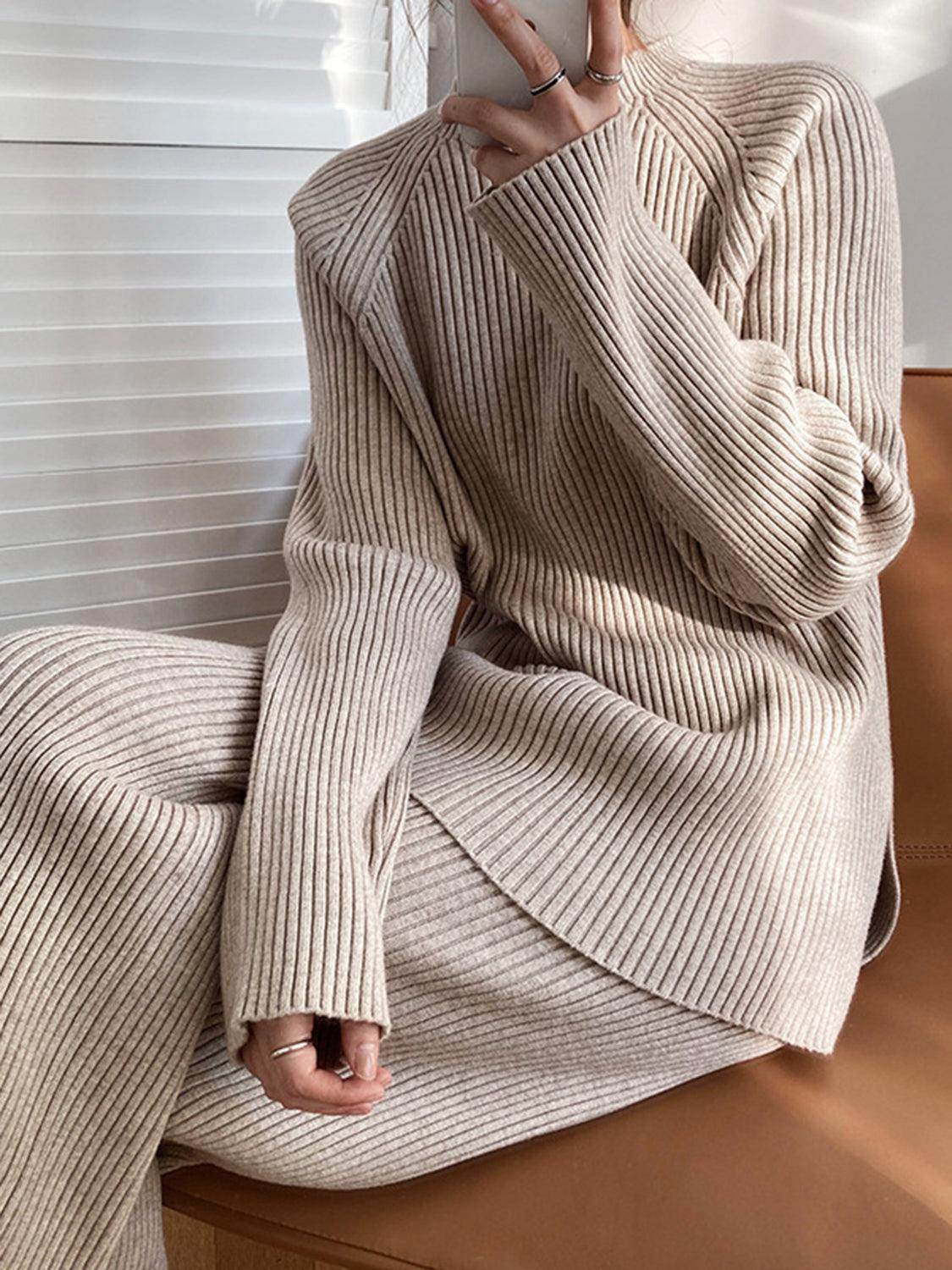 Mock Neck Raglan Sleeve Top and Pants Sweater Set for Women - Selvanelle