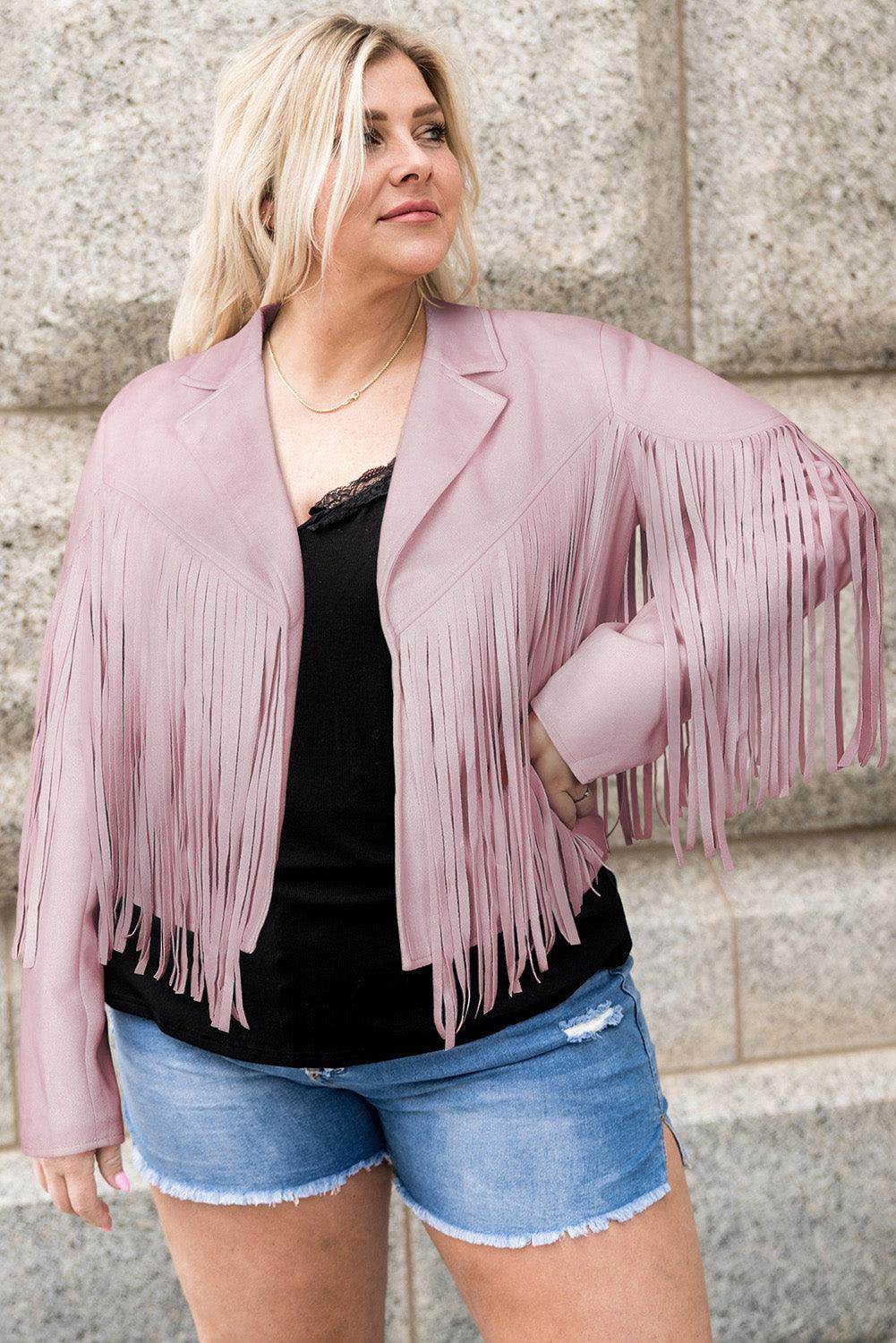 Plus Size Fringe Open Front Jacket for Stylish Layering - Selvanelle