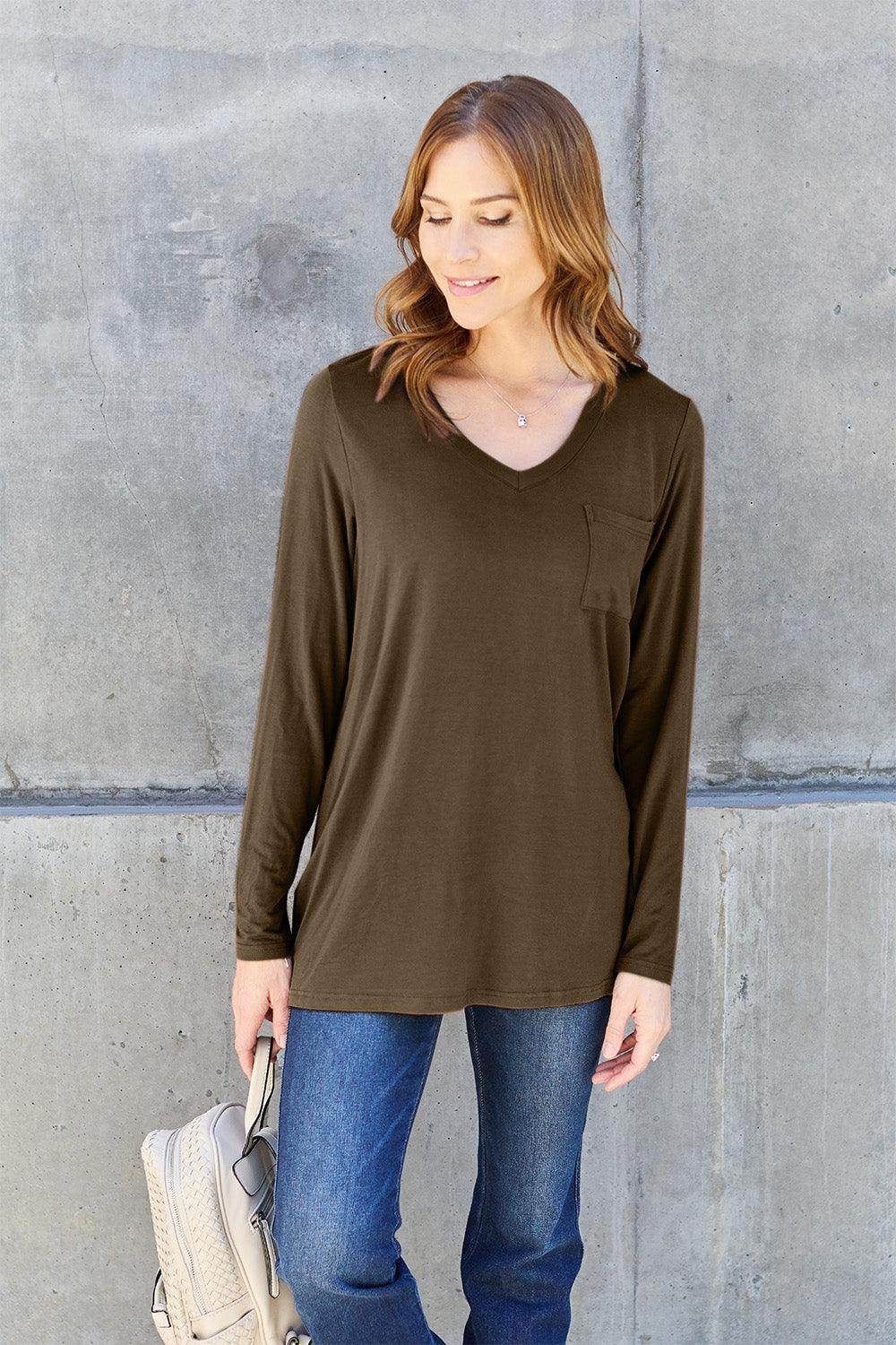 Basic Bae Full Size V-Neck Long Sleeve Top for Women - Selvanelle