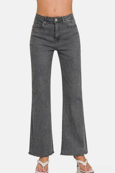 Zenana Acid Washed Frayed Hem Bootcut Jeans for Women - Selvanelle