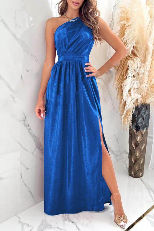 One Shoulder Slit Ruched Maxi Dress for Elegant Style - Selvanelle