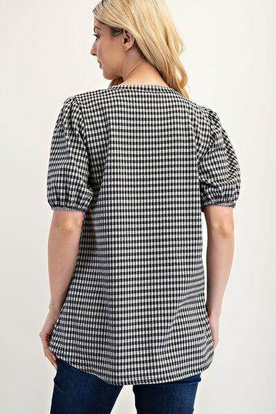 Celeste Full Size Gingham Print Top With Puff Sleeves Plus Size - Selvanelle
