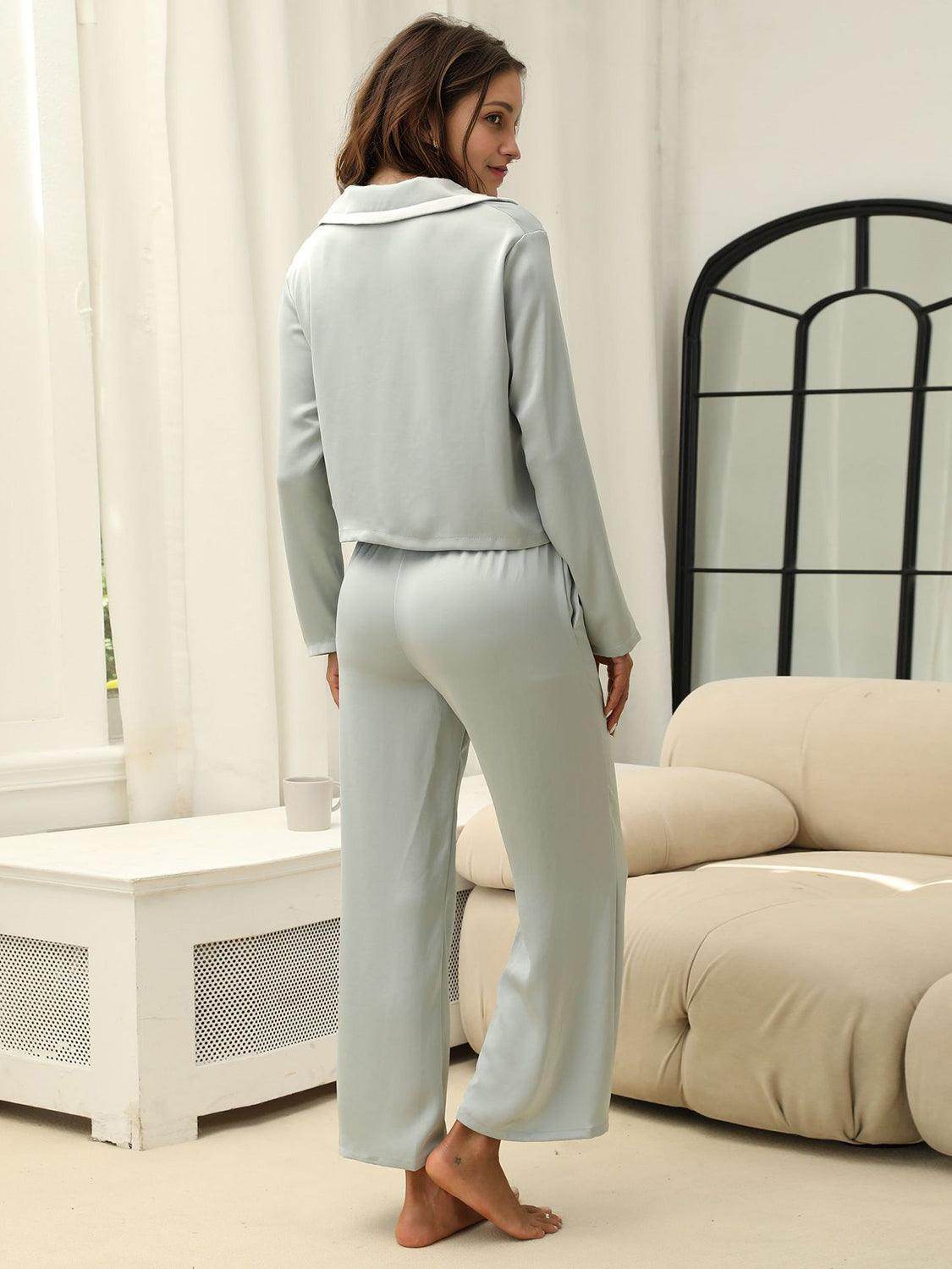 Collared Neck Long Sleeve Top and Pants Lounge Set for Women - Selvanelle