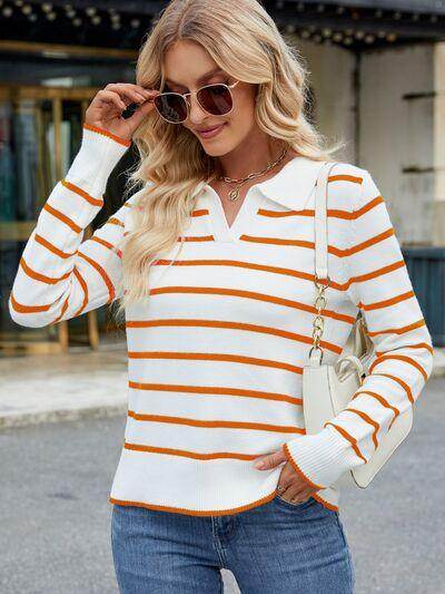 Striped Johnny Collar Long Sleeve Sweater for Women - Selvanelle