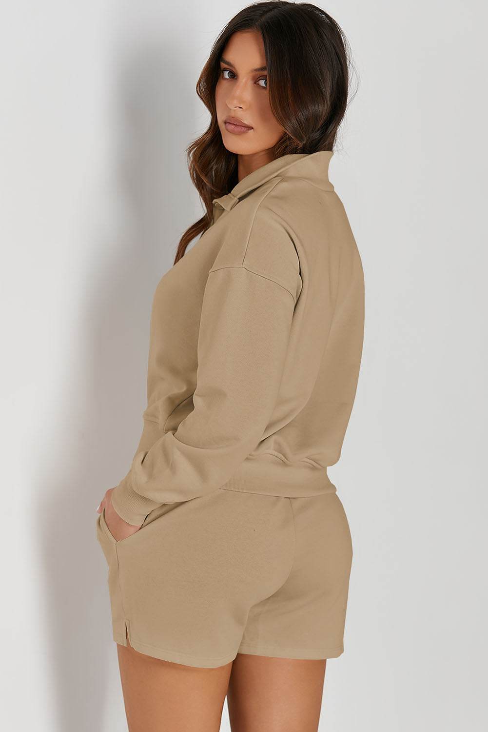 Half Button Sweatshirt and Shorts Active Set - Selvanelle