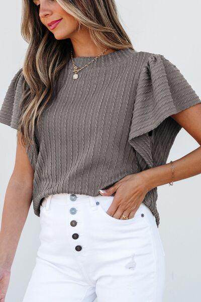 Textured Round Neck Flounce Sleeve Blouse for Stylish Wear - Selvanelle