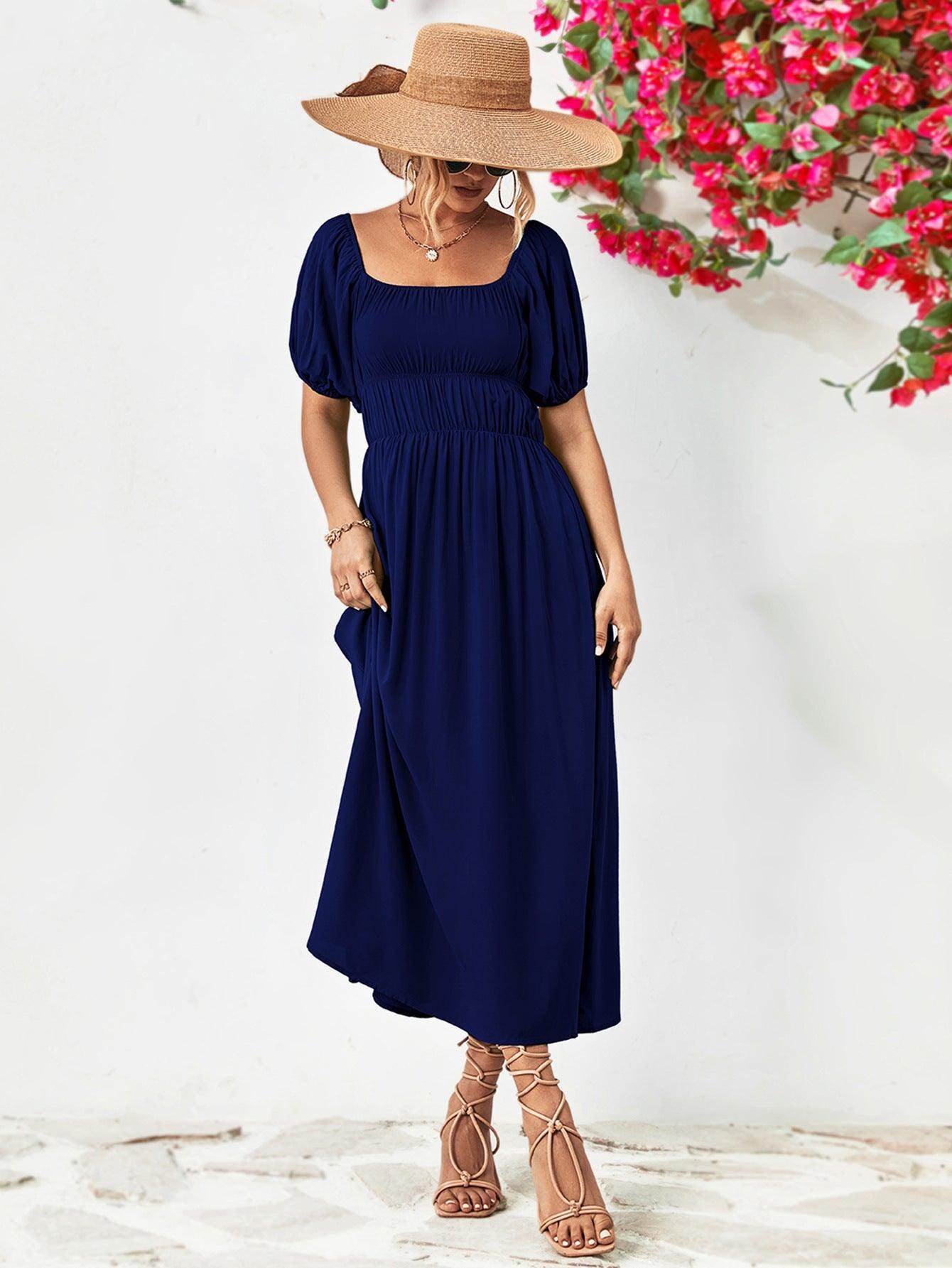 Off-Shoulder Balloon Sleeve Midi Dress for Chic Style - Selvanelle