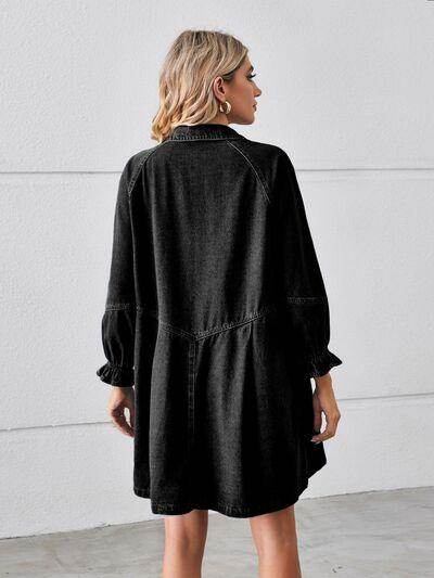 Button Up Flounce Sleeve Mini Denim Dress for Women - Selvanelle