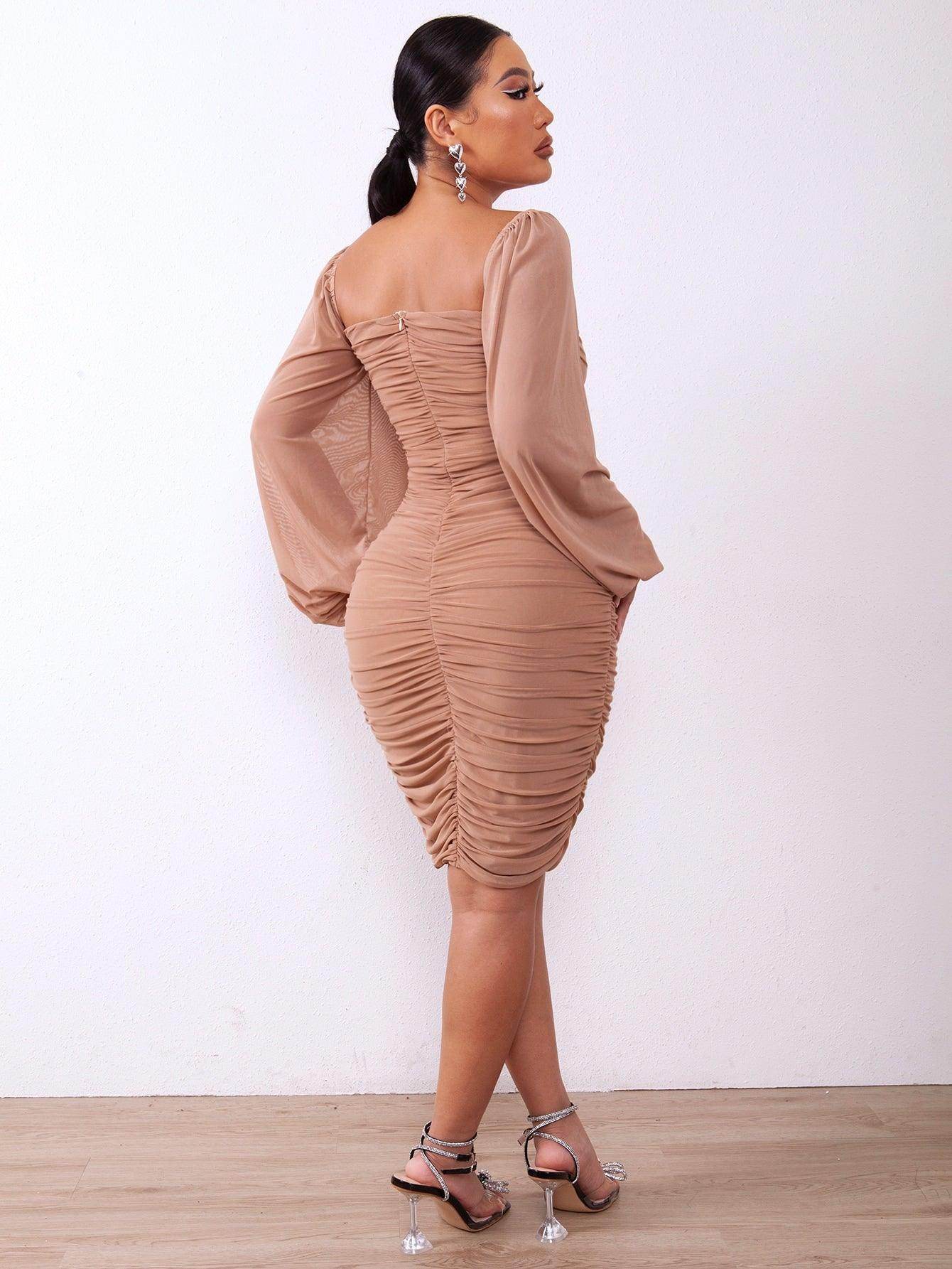 Zip-Back Ruched Bodycon Dress for Chic Minimalist Style - Selvanelle