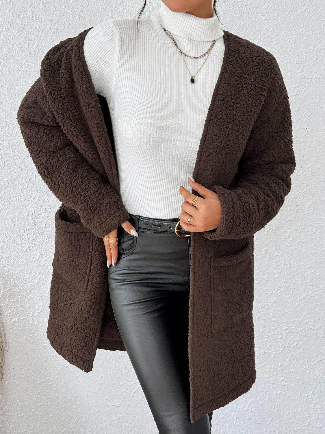 Open Front Long Sleeve Winter Coat for Women with Pockets - Selvanelle