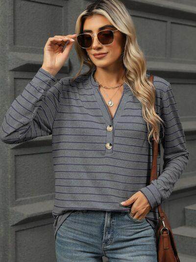 Striped Notched Long Sleeve T-Shirt for Casual Style - Selvanelle