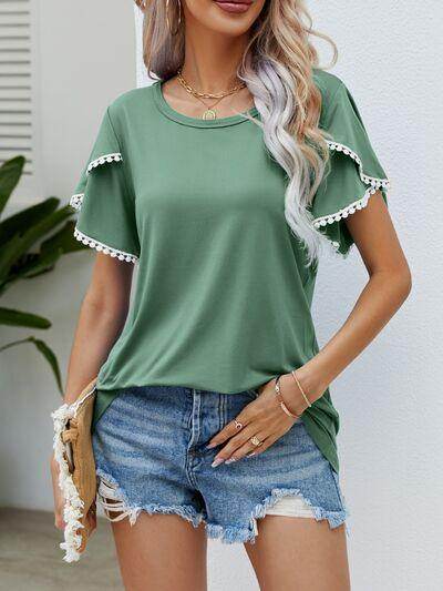 Pom-Pom Trim Flutter Sleeve Round Neck T-Shirt for Women - Selvanelle