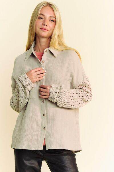 Davi & Dani Crochet Sleeve Crinkled Texture Shirt for Women - Selvanelle