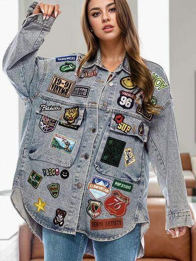 Embroidered Patch Button Up Long Sleeve Denim Jacket for Women - Selvanelle