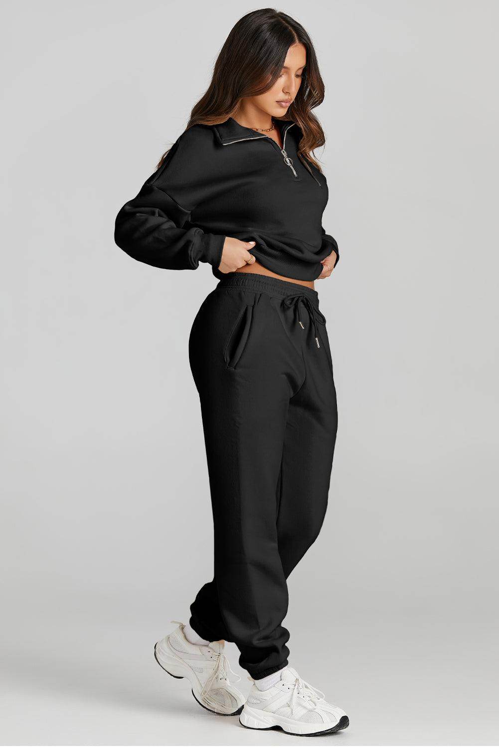 Quarter Zip Top and Drawstring Pants Active Set for Women - Selvanelle