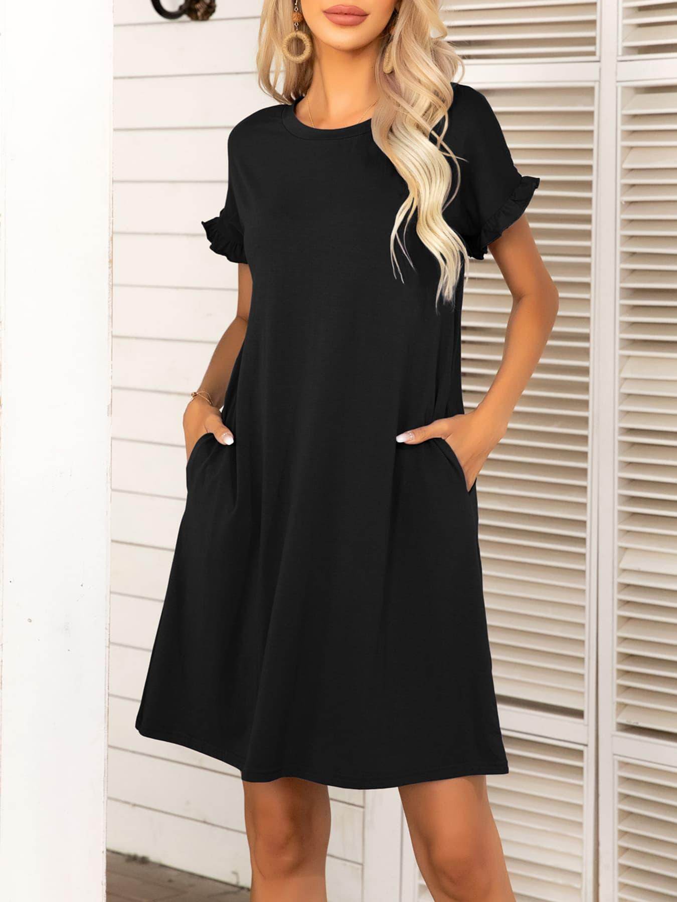 Round Neck Flounce Sleeve Dress with Pockets for Women - Selvanelle