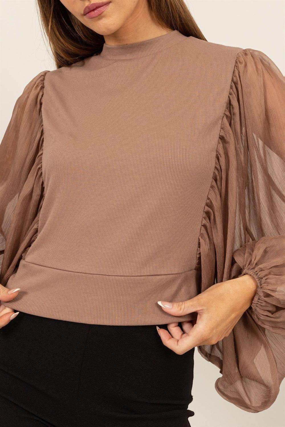 HYFVE Ruched Sheer Long Sleeve Mock Neck Blouse for Elegance - Selvanelle