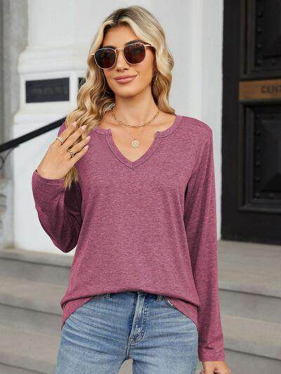 Notched Long Sleeve T-Shirt for Women in Various Sizes - Selvanelle