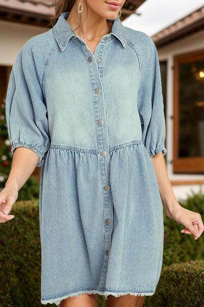 Raw Hem Snap Down Half Sleeve Denim Dress for Women - Selvanelle