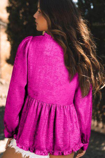 Frill V-Neck Long Sleeve Blouse for Stylish Women - Selvanelle