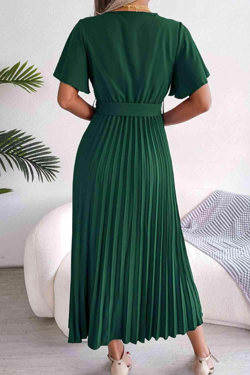 Pleated Flutter Sleeve Belted Dress for Casual Wear - Selvanelle