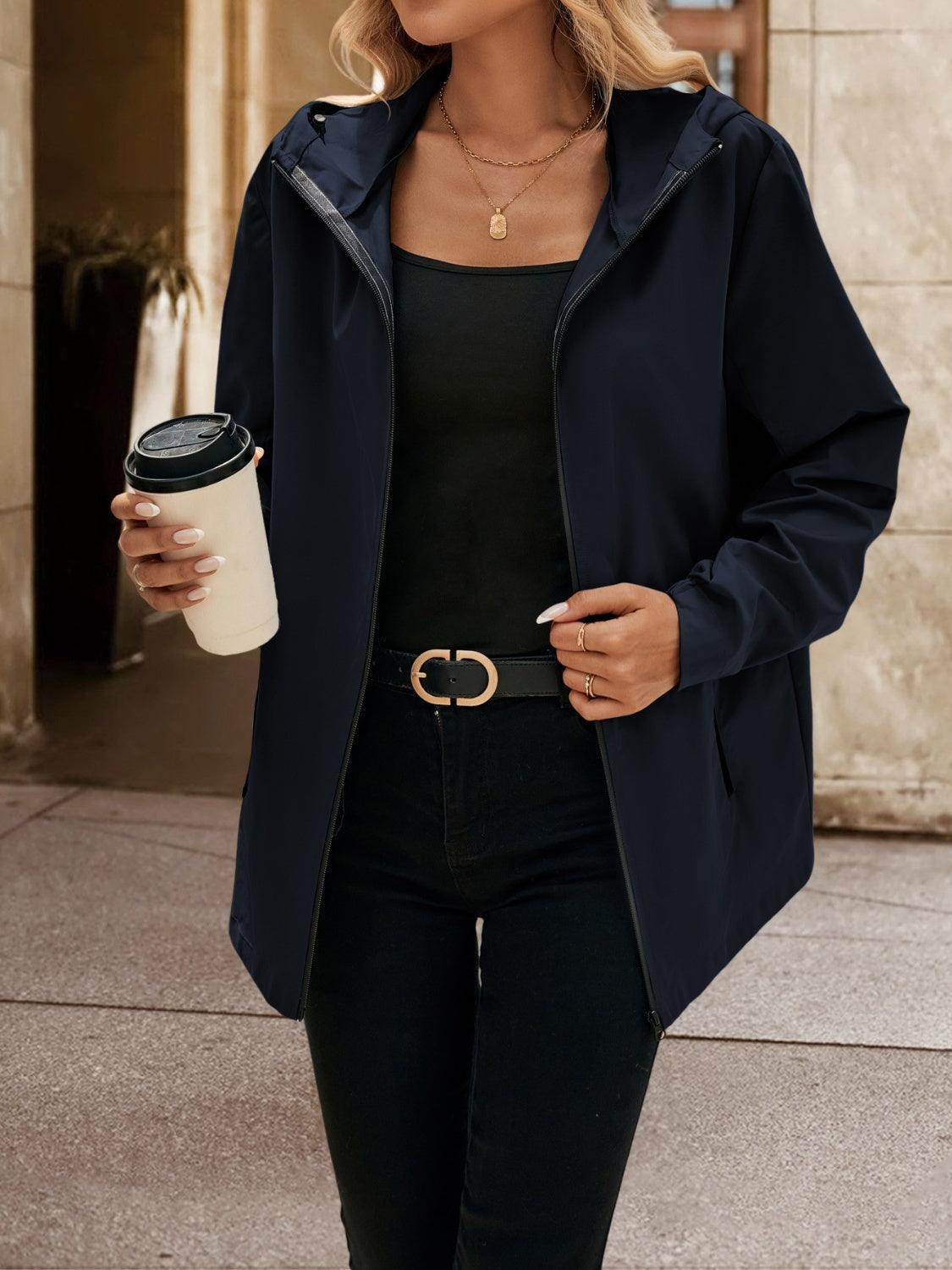 Ivy Lane Pocketed Zip Up Hooded Jacket for Women - Selvanelle