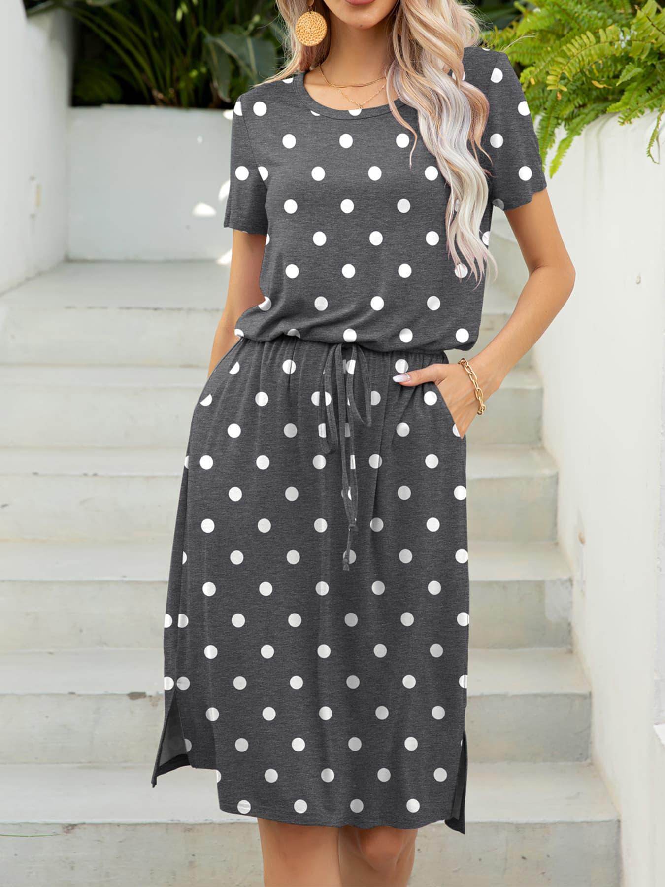 Round Neck Short Sleeve Slit Dress with Pockets for Women - Selvanelle