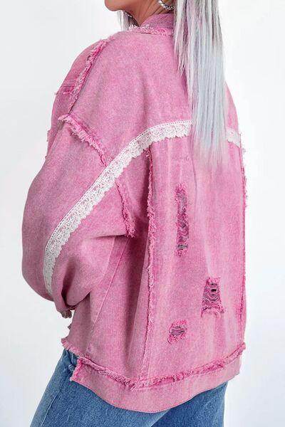 Lace Detail Distressed Raw Hem Long Sleeve Denim Jacket - Selvanelle