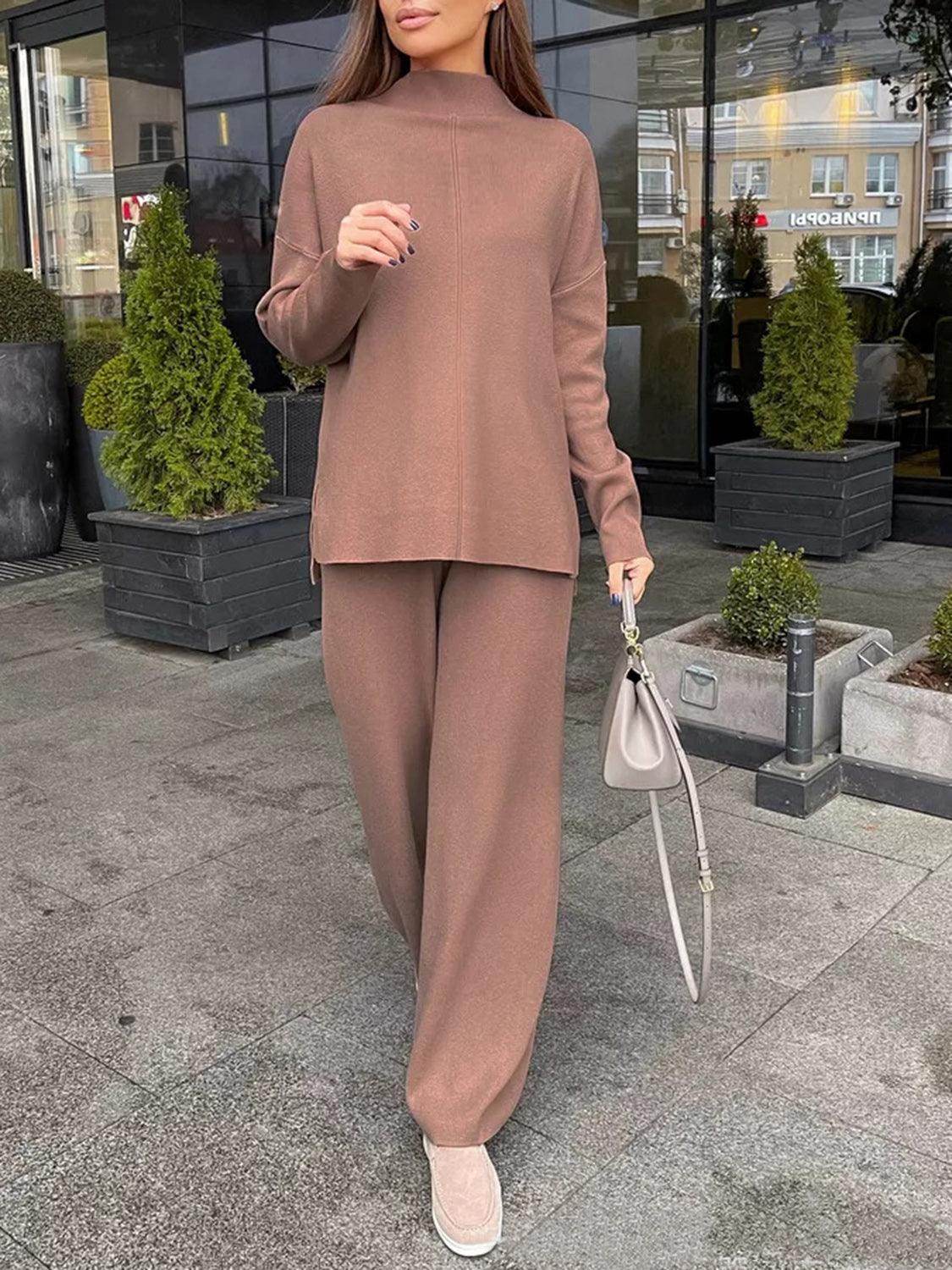 Slit Mock Neck Top and Pants Sweater Set for Women - Selvanelle