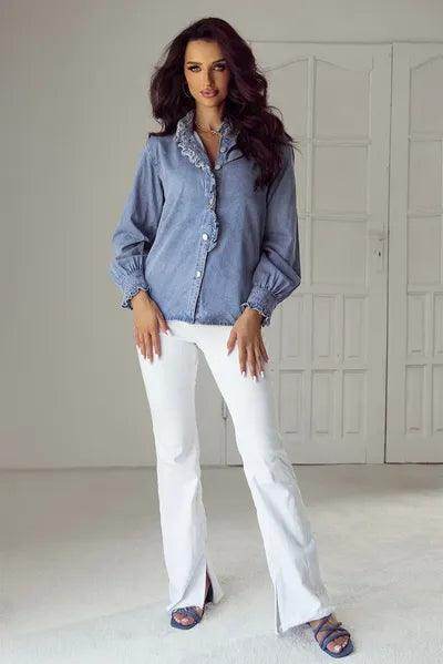 Frill Button Up Long Sleeve Denim Top for Stylish Women - Selvanelle