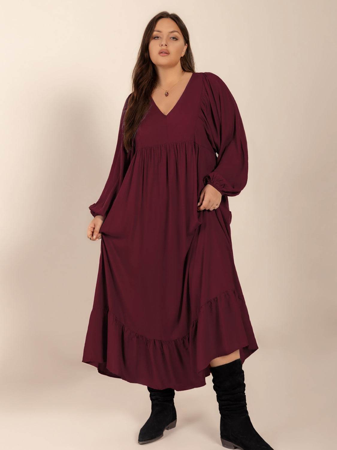 Plus Size Ruffled Hem V-Neck Balloon Sleeve Dress - Selvanelle